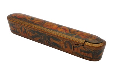 Lot 345A - A QAJAR LACQUERED PAPIER-MÂCHÉ PEN CASE (QALAMDAN) WITH WESTERN BEAUTIES AND LANDSCAPES