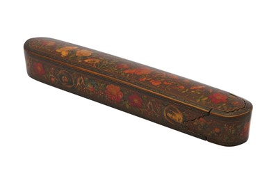 Lot 58 - A QAJAR LACQUERED PAPIER-MÂCHÉ PEN CASE (QALAMDAN) WITH GOL-O-BOLBOL MOTIF