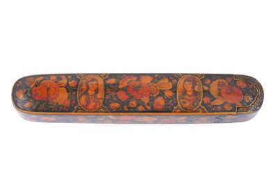 Lot 63 - A QAJAR LACQUERED PAPIER-MÂCHÉ PEN CASE (QALAMDAN) WITH PORTRAITS AND GOL-O-BOLBOL MOTIFS