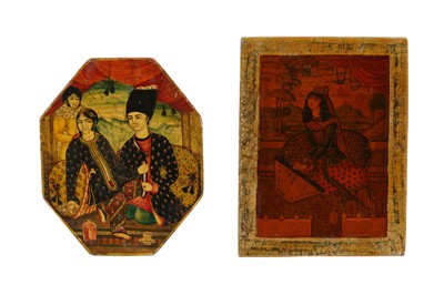 Lot 39 - TWO QAJAR LACQUERED PAPIER-MÂCHÉ MIRROR CASE PANELS