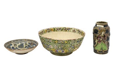 Lot 69 - THREE IRANIAN POTTERY VESSELS WITH FIGURAL DECORATION