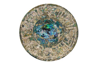 Lot 7 - AN ARCHAISTIC MEDIEVAL-REVIVAL MOULD-BLOWN LIGHT BLUE GLASS CHARGER WITH KUFIC CALLIGRAPHY