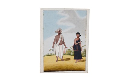 Lot 216 - TWO SOUTH INDIAN COMPANY SCHOOL PAINTINGS OF PAIRS OF LOCAL VILLAGERS AND TRADESPEOPLE