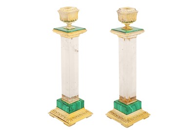 Lot 28 - A pair of late 20th century Italian 800 standard silver gilt, malachite and rock crystal candlesticks, Milan circa 1980, maker 1526?