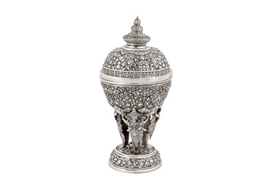 Lot 127 - A mid-20th century Cambodian unmarked silver covered bowl on stand (Tok), circa 1940-60