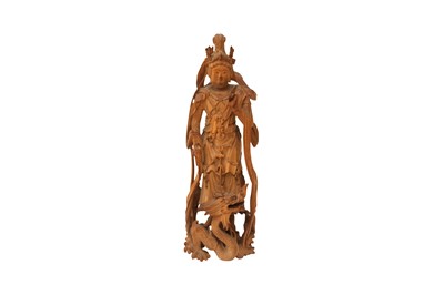 Lot 603 - A CHINESE WOOD FIGURE OF GUANYIN