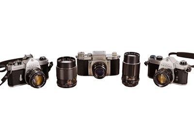 Lot 205 - A Pair Of Pentax SP Camera Outfits With Praktiflex Outfit