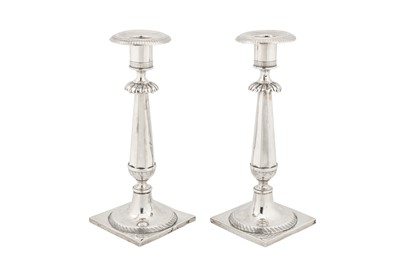 Lot 218 - A pair of mid-19th century German 13 loth (812 standard) silver candlesticks, Berlin circa 1850 by Fr. Emil Gerike (active 1833–1861)