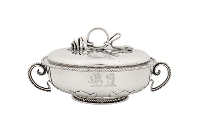 Lot 499 - A good Charles II sterling silver covered twin handled bowl or écuelle, London 1668 by WC above a scallop shell between two pellets, possibly William Carter (free 1666)