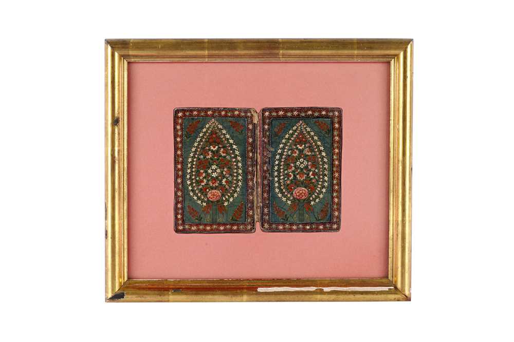 Lot 230 - AN INDIAN LACQUERED PAPIER-MÂCHÉ DOUBLE-SIDED BOOKBINDING