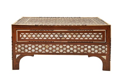 Lot 374 - λ AN OTTOMAN MOTHER-OF-PEARL, TORTOISESHELL, BONE, AND IVORY-INLAID WOODEN SCRIBE'S CHEST