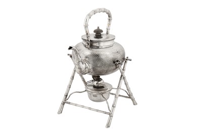 Lot 153 - An early 20th century Chinese export silver kettle on burner stand, Shanghai circa 1920 by Liang Sheng, retailed by Luen Wo