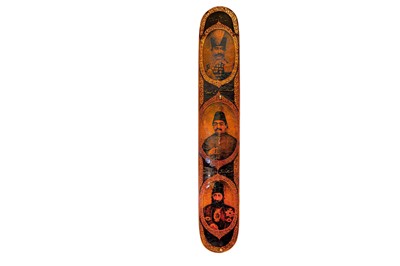 Lot 334 - A QAJAR LACQUERED PAPIER-MÂCHÉ PEN CASE (QALAMDAN) WITH THREE OFFICIAL PORTRAITS OF QAJAR NOBLEMEN