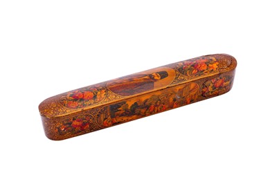 Lot 336 - A QAJAR LACQUERED PAPIER-MÂCHÉ PEN CASE (QALAMDAN) WITH A QAJAR NOBLEMAN'S OFFICIAL PORTRAIT