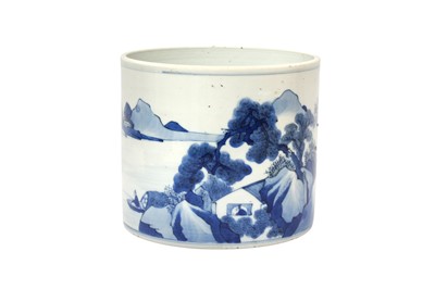 Lot 526 - A CHINESE BLUE AND WHITE 'LANDSCAPE' BRUSH POT, BITONG