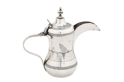 Lot 185 - An early 20th century Iraqi silver and niello coffee pot, Omara circa 1930 signed Dakheel
