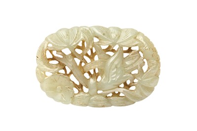 Lot 937 - A CHINESE CELADON JADE 'CRANE' PLAQUE