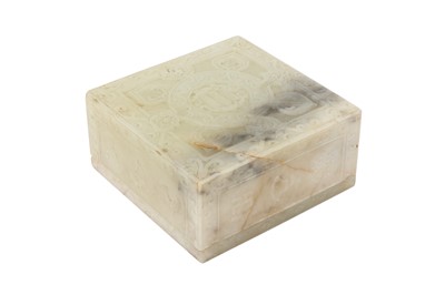 Lot 42 - A CHINESE PALE-CELADON JADE 'TWELVE ORNAMENTS' BOX AND COVER