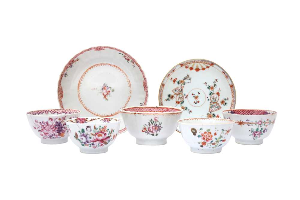 Lot 440 - FIVE CHINESE FAMILLE-ROSE CUPS AND TWO SAUCERS