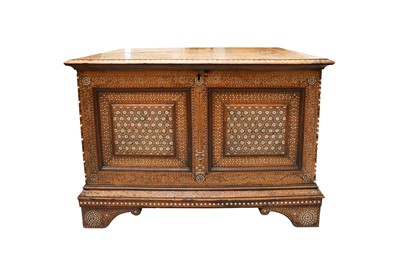 Lot 83 - A 19TH CENTURY SPANISH INLAID ALLA CERTOSINA MARRIAGE CHEST OR CASSONE