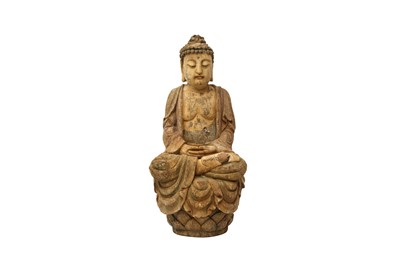 Lot 604 - A LARGE CHINESE POLYCHROME WOOD FIGURE OF A BUDDHA
