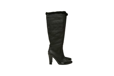 Lot 548 - Bottega Veneta Black Shearling Long Heeled Boot - Size 38.5