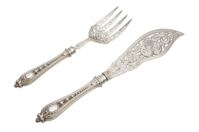 Lot 144 - A CASED PAIR OF VICTORIAN STERLING SILVER FISH SERVERS, SHEFFIELD 1856 BY MARTIN HALL AND CO