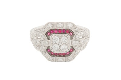 Lot 51 - A RUBY AND DIAMOND GEOMETRIC RING