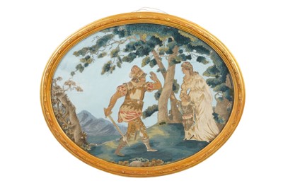 Lot 231 - AN 18TH CENTURY SILK WORKED OVAL PICTURE OF 'RINALDO AND ARMIDA'