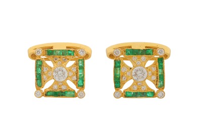 Lot 85 - A PAIR OF EMERALD AND DIAMOND CUFFLINKS