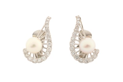 Lot 282 - A PAIR OF CULTURED PEARL AND DIAMOND EARRINGS