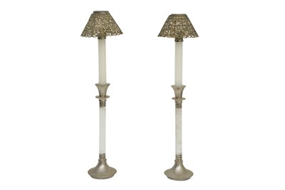 Lot 154 - A PAIR OF ARTS AND CRAFTS PEWTER AND GLASS CANDLESTICKS