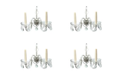 Lot 153 - A SET OF FOUR CRYSTAL TWIN BRANCH WALL SCONCES, 20TH CENTURY
