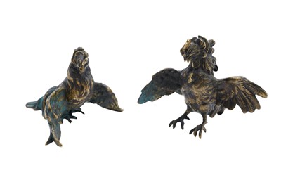 Lot 116 - A PAIR OF CAST BRONZE FIGURES OF FIGHTING COCKS