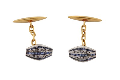 Lot 306 - A PAIR OF DIAMOND AND SAPPHIRE CUFFLINKS