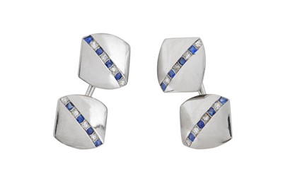 Lot 303 - A PAIR OF SAPPHIRE AND DIAMOND CUFFLINKS