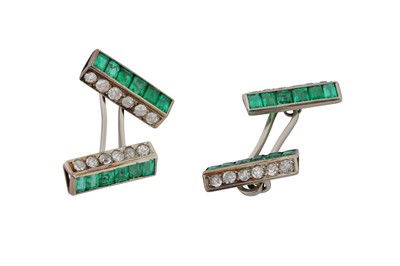 Lot 300 - A PAIR OF EMERALD AND DIAMOND CUFFLINKS