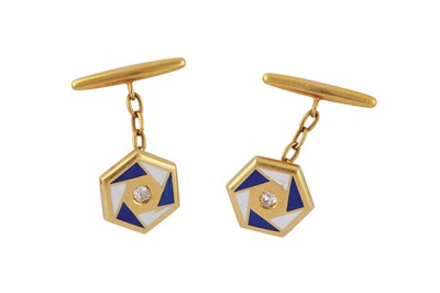 Lot 310 - A PAIR OF HEXAGONAL ENAMEL AND DIAMOND CUFFLINKS