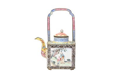 Lot 114 - A CHINESE CANTON ENAMEL 'SCHOLAR AND BOY' WINE POT AND COVER