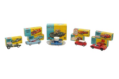 Lot 443 - A GROUP OF FIVE BOXED CORGI TOYS PLUS THREE EMPTY BOXES