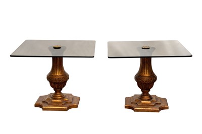Lot 402 - A PAIR OF GILTWOOD AND SMOKED GLASS SIDE TABLES