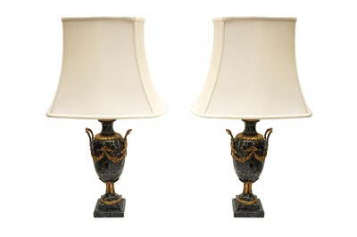 Lot 151 - A PAIR OF FRENCH LOUIS XVI STYLE BLUE-VEINED MARBLE URN LAMPS, 19TH CENTURY