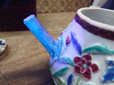 Lot 421 - A CHINESE FAMILLE-ROSE MOULDED 'BLOSSOMS' TEAPOT, COVER AND SAUCER