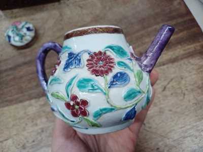 Lot 421 - A CHINESE FAMILLE-ROSE MOULDED 'BLOSSOMS' TEAPOT, COVER AND SAUCER