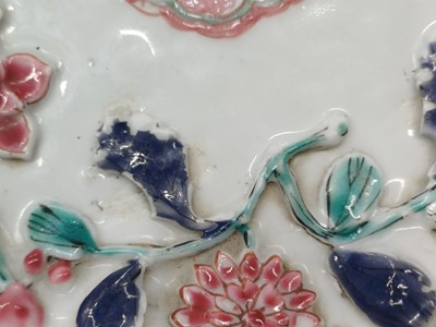 Lot 421 - A CHINESE FAMILLE-ROSE MOULDED 'BLOSSOMS' TEAPOT, COVER AND SAUCER