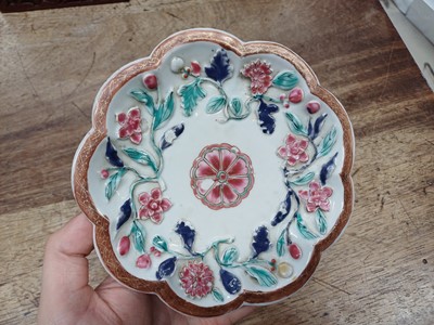 Lot 421 - A CHINESE FAMILLE-ROSE MOULDED 'BLOSSOMS' TEAPOT, COVER AND SAUCER