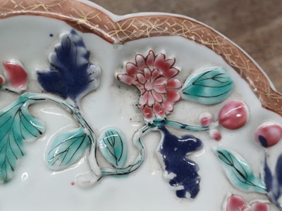 Lot 421 - A CHINESE FAMILLE-ROSE MOULDED 'BLOSSOMS' TEAPOT, COVER AND SAUCER