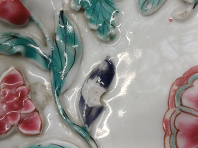 Lot 421 - A CHINESE FAMILLE-ROSE MOULDED 'BLOSSOMS' TEAPOT, COVER AND SAUCER