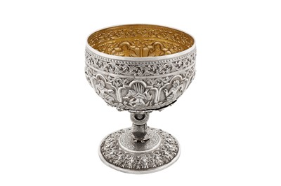 Lot 125 - A rare late 19th century Anglo – Indian silver bowl, Poona circa 1890 upon an early 20th century Burmese silver stand, probably Rangoon circa 1910