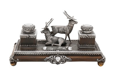 Lot 115 - A late 19th century Anglo – Indian silver mounted rosewood inkstand or standish, Cutch, Bhuj circa 1890 by Mawji Raghavji